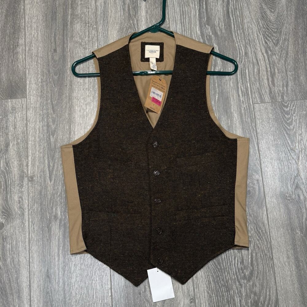 Lands End Canvas 1963 Tweed Wool Vest Brown Size Small Button With Chambray Back